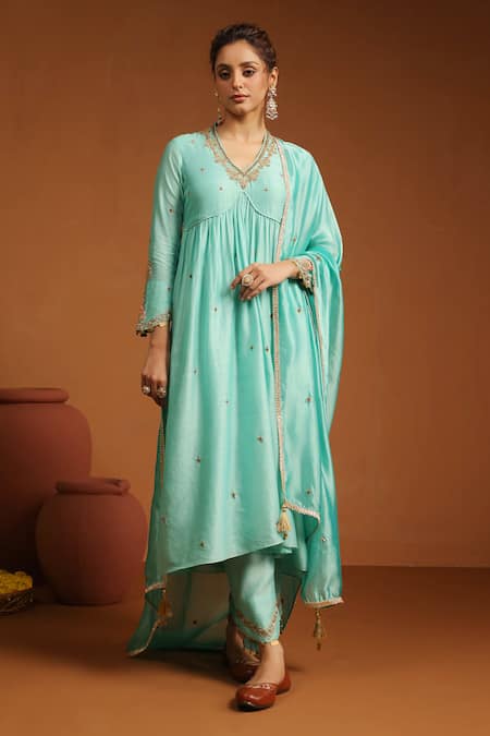 Shop_Label Niti Bothra_Blue Chanderi Silk Embroidery, Sequins Chunnat Zardozi Work Anarkali And Pant Set _Online_at_Aza_Fashions