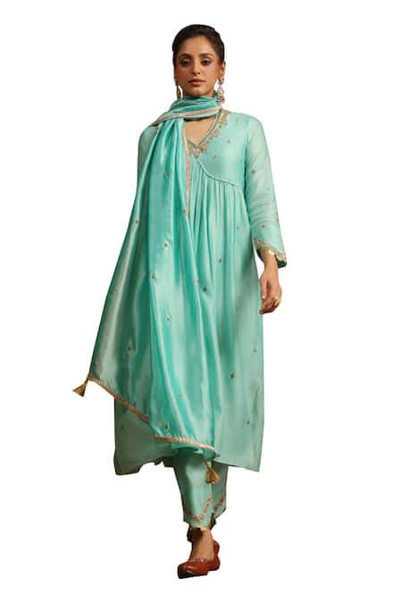 Label Niti Bothra Blue Chanderi Silk Embroidery, Sequins Chunnat Zardozi Work Anarkali And Pant Set at Aza Fashions Label Niti Bothra_Blue Chanderi Silk Embroidery, Sequins Chunnat Zardozi Work Anarkali And Pant Set _at_Aza_Fashions