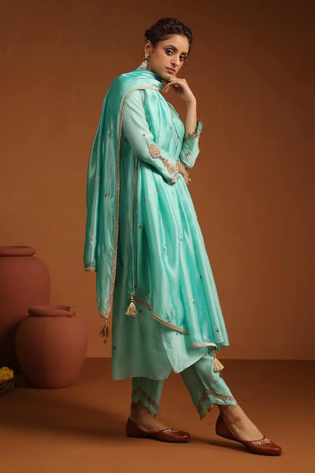 Buy_Label Niti Bothra_Blue Chanderi Silk Embroidery, Sequins Chunnat Zardozi Work Anarkali And Pant Set 