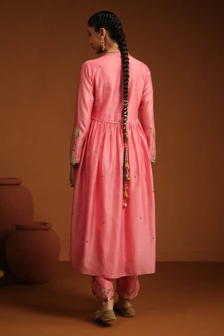 Shop_Label Niti Bothra_Pink Chanderi Silk Embroidery, Sequins Chunnat Zardozi Anarkali And Pant Set _at_Aza_Fashions