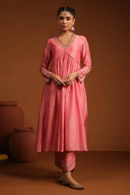 Label Niti Bothra_Pink Chanderi Silk Embroidery, Sequins Chunnat Zardozi Anarkali And Pant Set _Online_at_Aza_Fashions