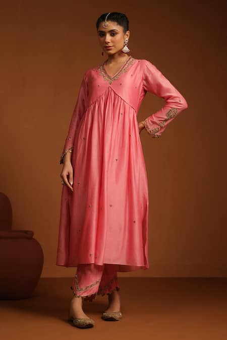 Buy_Label Niti Bothra_Pink Chanderi Silk Embroidery, Sequins Chunnat Zardozi Anarkali And Pant Set _Online_at_Aza_Fashions