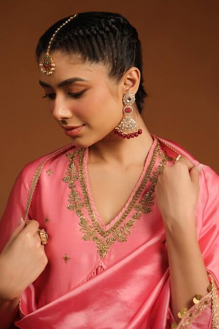 Label Niti Bothra_Pink Chanderi Silk Embroidery, Sequins Chunnat Zardozi Anarkali And Pant Set _at_Aza_Fashions
