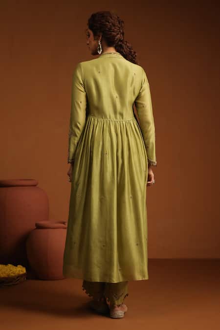 Shop_Label Niti Bothra_Green Chanderi Silk Zari, Sequins, Embroidery Chunnat Zardozi Anarkali And Pant _at_Aza_Fashions