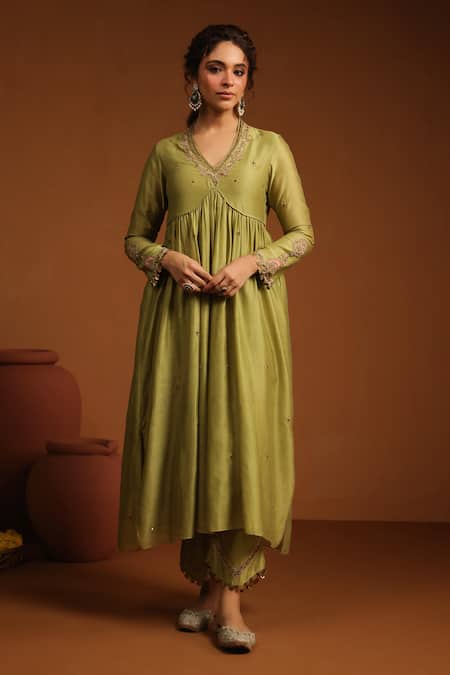 Label Niti Bothra_Green Chanderi Silk Zari, Sequins, Embroidery Chunnat Zardozi Anarkali And Pant _Online_at_Aza_Fashions