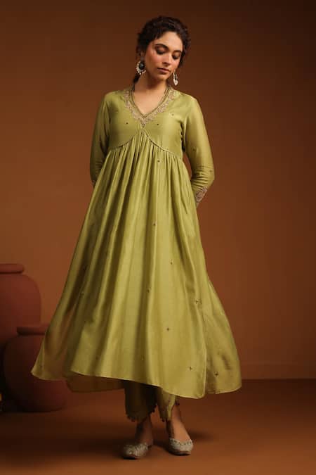 Buy_Label Niti Bothra_Green Chanderi Silk Zari, Sequins, Embroidery Chunnat Zardozi Anarkali And Pant _Online_at_Aza_Fashions