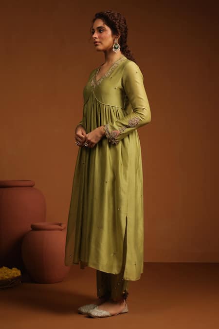 Shop_Label Niti Bothra_Green Chanderi Silk Zari, Sequins, Embroidery Chunnat Zardozi Anarkali And Pant _Online_at_Aza_Fashions