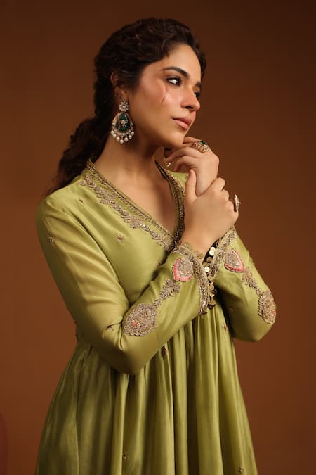 Label Niti Bothra_Green Chanderi Silk Zari, Sequins, Embroidery Chunnat Zardozi Anarkali And Pant _at_Aza_Fashions