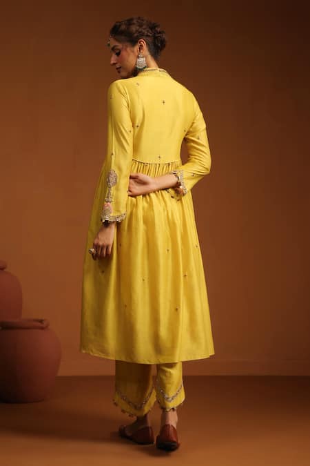Shop_Label Niti Bothra_Yellow Chanderi Silk Zari, Sequins, Chunnat Zardozi Work Anarkali And Pant Set _at_Aza_Fashions