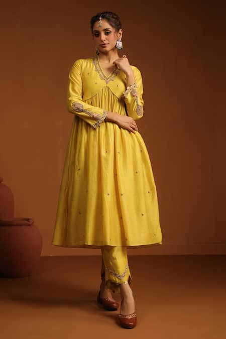 Label Niti Bothra_Yellow Chanderi Silk Zari, Sequins, Chunnat Zardozi Work Anarkali And Pant Set _Online_at_Aza_Fashions