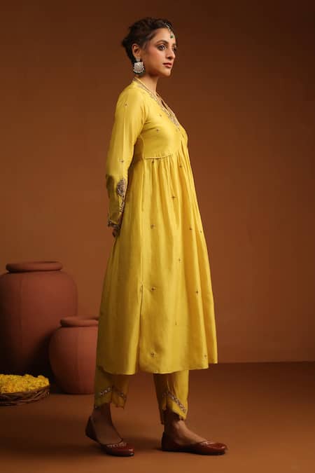 Buy_Label Niti Bothra_Yellow Chanderi Silk Zari, Sequins, Chunnat Zardozi Work Anarkali And Pant Set _Online_at_Aza_Fashions