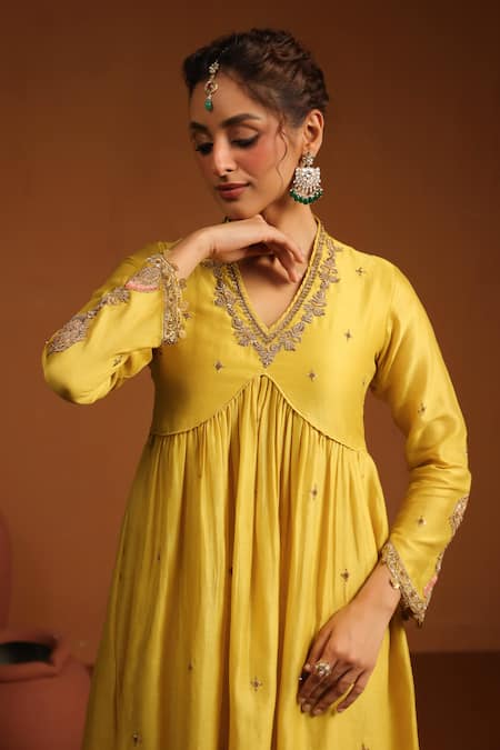 Shop_Label Niti Bothra_Yellow Chanderi Silk Zari, Sequins, Chunnat Zardozi Work Anarkali And Pant Set _Online_at_Aza_Fashions