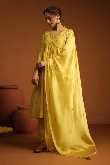 Label Niti Bothra_Yellow Chanderi Silk Zari, Sequins, Chunnat Zardozi Work Anarkali And Pant Set _at_Aza_Fashions