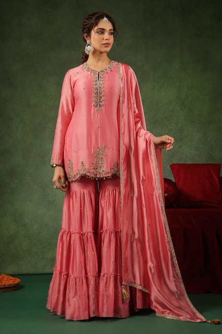 Label Niti Bothra Pink Chanderi Silk Embroidery Zardozi Round Kurta Gharara Set 