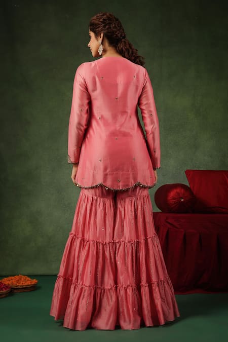 Shop_Label Niti Bothra_Pink Chanderi Silk Zari, Sequins Round Zardozi Embroidered Kurta Gharara Set _at_Aza_Fashions