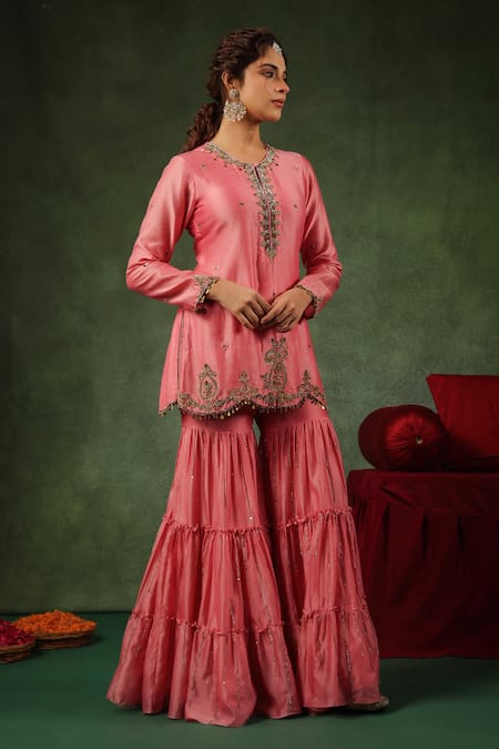 Label Niti Bothra_Pink Chanderi Silk Zari, Sequins Round Zardozi Embroidered Kurta Gharara Set _Online_at_Aza_Fashions