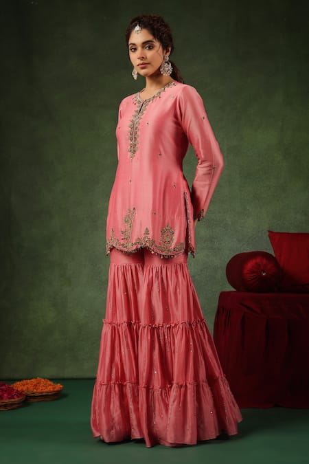 Buy_Label Niti Bothra_Pink Chanderi Silk Zari, Sequins Round Zardozi Embroidered Kurta Gharara Set _Online_at_Aza_Fashions