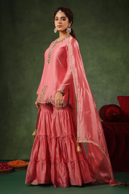 Shop_Label Niti Bothra_Pink Chanderi Silk Zari, Sequins Round Zardozi Embroidered Kurta Gharara Set _Online_at_Aza_Fashions