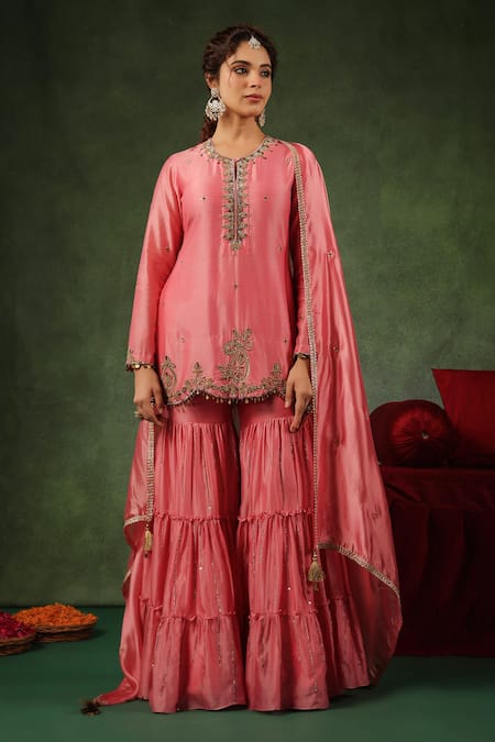 Label Niti Bothra_Pink Chanderi Silk Zari, Sequins Round Zardozi Embroidered Kurta Gharara Set _at_Aza_Fashions