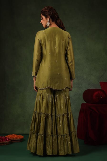 Shop_Label Niti Bothra_Green Silk, Sequins, Zari Round Zardozi Work Kurta Gharara Set _at_Aza_Fashions