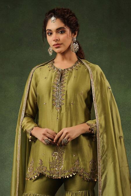 Label Niti Bothra Green Silk, Sequins, Zari Round Zardozi Work Kurta Gharara Set Online at Aza Fashions Label Niti Bothra_Green Silk, Sequins, Zari Round Zardozi Work Kurta Gharara Set _Online_at_Aza_Fashions