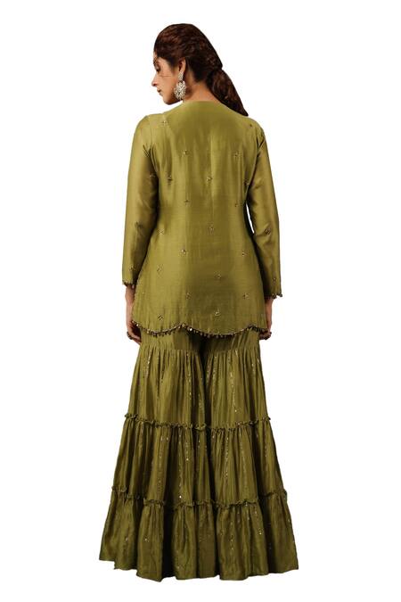 Buy Label Niti Bothra Green Silk, Sequins, Zari Round Zardozi Work Kurta Gharara Set Online at Aza Fashions Buy_Label Niti Bothra_Green Silk, Sequins, Zari Round Zardozi Work Kurta Gharara Set _Online_at_Aza_Fashions