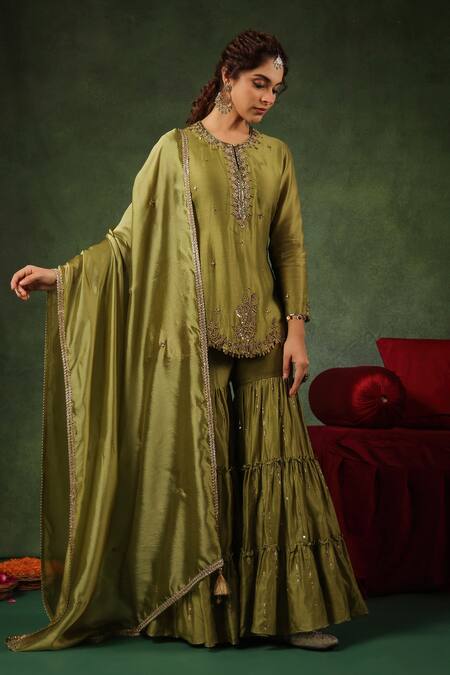 Shop_Label Niti Bothra_Green Silk, Sequins, Zari Round Zardozi Work Kurta Gharara Set _Online_at_Aza_Fashions