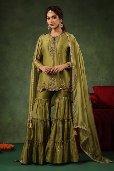 Label Niti Bothra_Green Silk, Sequins, Zari Round Zardozi Work Kurta Gharara Set _at_Aza_Fashions