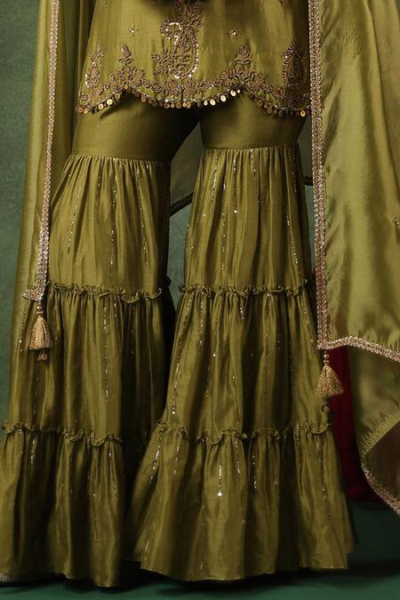 Buy Label Niti Bothra Green Silk, Sequins, Zari Round Zardozi Work Kurta Gharara Set Buy_Label Niti Bothra_Green Silk, Sequins, Zari Round Zardozi Work Kurta Gharara Set