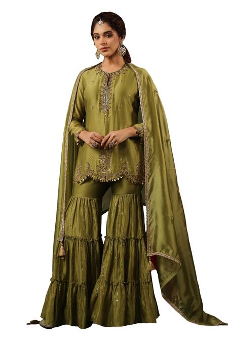 Shop Label Niti Bothra Green Silk, Sequins, Zari Round Zardozi Work Kurta Gharara Set Shop_Label Niti Bothra_Green Silk, Sequins, Zari Round Zardozi Work Kurta Gharara Set