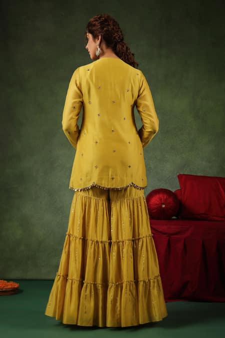 Shop_Label Niti Bothra_Yellow Silk, Zari, Floral Embroidered Kurta Gharara Set _at_Aza_Fashions