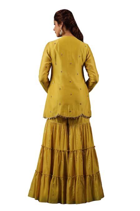 Label Niti Bothra_Yellow Silk, Zari, Floral Embroidered Kurta Gharara Set _Online_at_Aza_Fashions