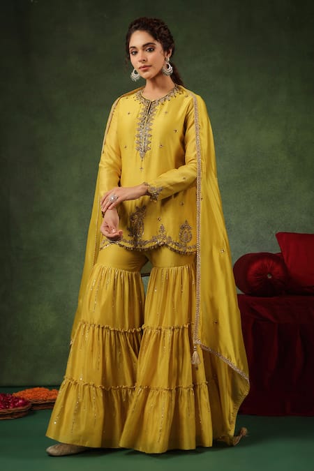Buy_Label Niti Bothra_Yellow Silk, Zari, Floral Embroidered Kurta Gharara Set _Online_at_Aza_Fashions
