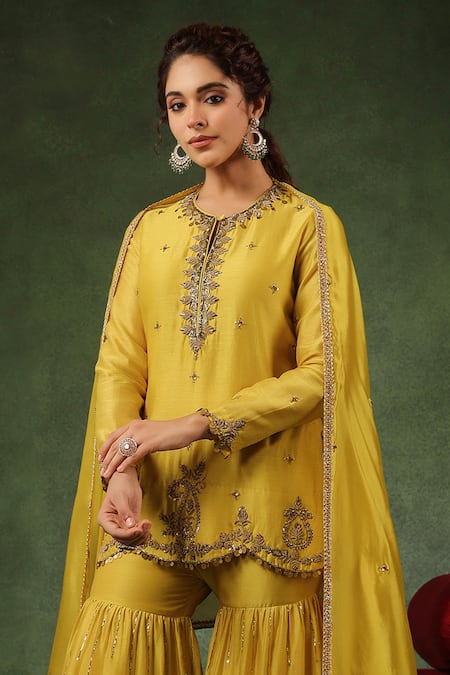 Shop_Label Niti Bothra_Yellow Silk, Zari, Floral Embroidered Kurta Gharara Set _Online_at_Aza_Fashions