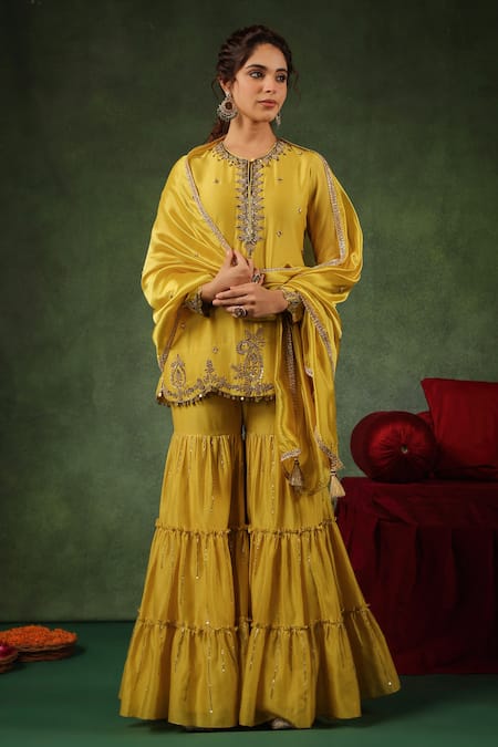 Label Niti Bothra_Yellow Silk, Zari, Floral Embroidered Kurta Gharara Set _at_Aza_Fashions