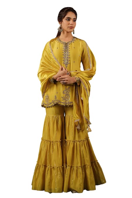 Buy_Label Niti Bothra_Yellow Silk, Zari, Floral Embroidered Kurta Gharara Set 