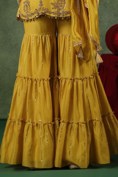 Shop_Label Niti Bothra_Yellow Silk, Zari, Floral Embroidered Kurta Gharara Set 