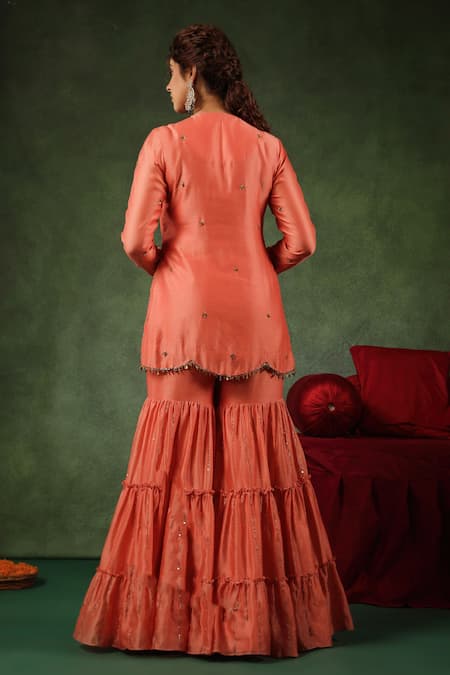 Shop_Label Niti Bothra_Peach Chanderi Silk Sequins, Zari Round Paisley Embroidered Kurta Gharara Set _at_Aza_Fashions