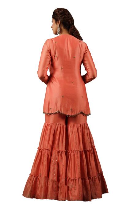 Label Niti Bothra Peach Chanderi Silk Sequins, Zari Round Paisley Embroidered Kurta Gharara Set Online at Aza Fashions Label Niti Bothra_Peach Chanderi Silk Sequins, Zari Round Paisley Embroidered Kurta Gharara Set _Online_at_Aza_Fashions