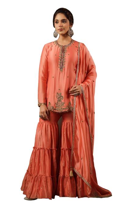 Buy Label Niti Bothra Peach Chanderi Silk Sequins, Zari Round Paisley Embroidered Kurta Gharara Set Online at Aza Fashions Buy_Label Niti Bothra_Peach Chanderi Silk Sequins, Zari Round Paisley Embroidered Kurta Gharara Set _Online_at_Aza_Fashions