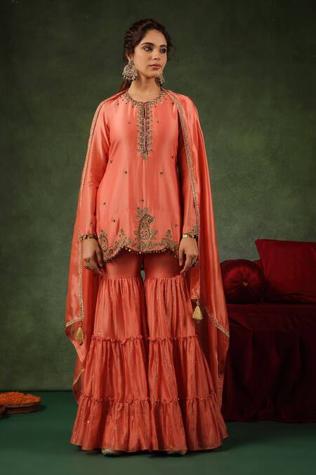 Shop_Label Niti Bothra_Peach Chanderi Silk Sequins, Zari Round Paisley Embroidered Kurta Gharara Set _Online_at_Aza_Fashions