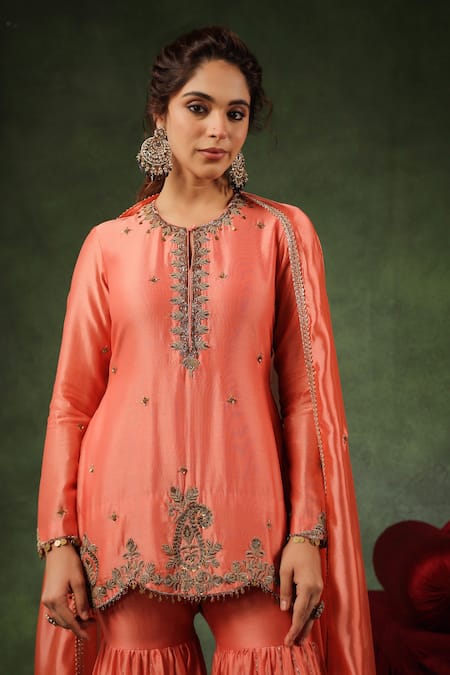 Shop_Label Niti Bothra_Peach Chanderi Silk Sequins, Zari Round Paisley Embroidered Kurta Gharara Set 