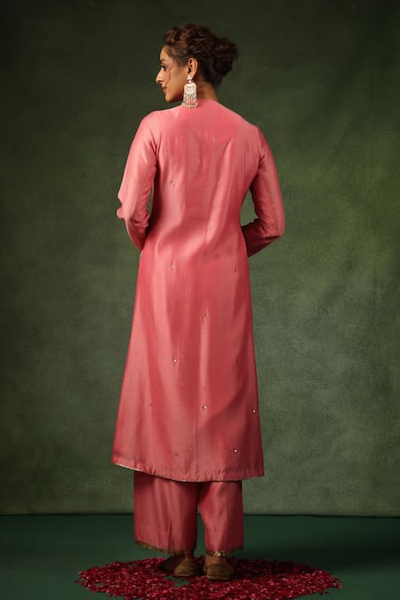 Shop_Label Niti Bothra_Pink Chanderi Silk Sequins, Zari, Embroidery, Gota Patti Kurta And Pant Set _at_Aza_Fashions