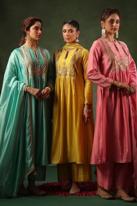 Label Niti Bothra_Pink Chanderi Silk Sequins, Zari, Embroidery, Gota Patti Kurta And Pant Set _Online_at_Aza_Fashions