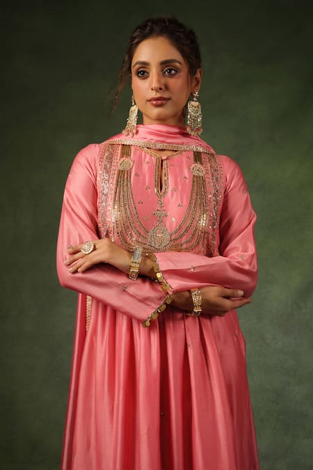 Shop_Label Niti Bothra_Pink Chanderi Silk Sequins, Zari, Embroidery, Gota Patti Kurta And Pant Set _Online_at_Aza_Fashions