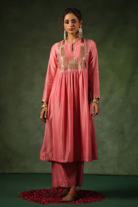 Label Niti Bothra_Pink Chanderi Silk Sequins, Zari, Embroidery, Gota Patti Kurta And Pant Set _at_Aza_Fashions