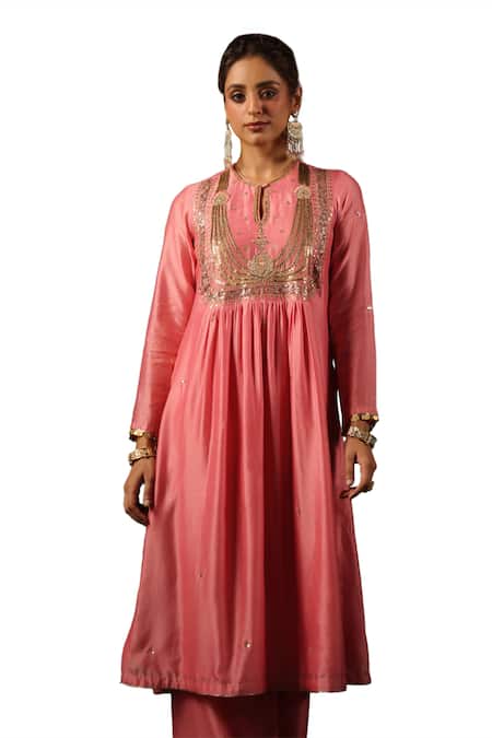 Buy Label Niti Bothra Pink Chanderi Silk Sequins, Zari, Embroidery, Gota Patti Kurta And Pant Set Buy_Label Niti Bothra_Pink Chanderi Silk Sequins, Zari, Embroidery, Gota Patti Kurta And Pant Set