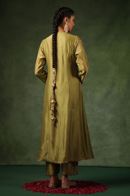 Shop_Label Niti Bothra_Green Chanderi Silk Sequins, Embroidery, Zari Zardozi Gathered Kurta Set _at_Aza_Fashions