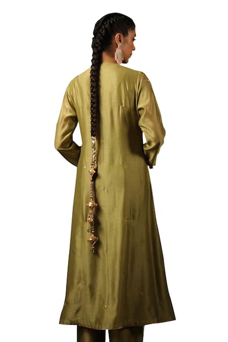 Label Niti Bothra Green Chanderi Silk Sequins, Embroidery, Zari Zardozi Gathered Kurta Set Online at Aza Fashions Label Niti Bothra_Green Chanderi Silk Sequins, Embroidery, Zari Zardozi Gathered Kurta Set _Online_at_Aza_Fashions