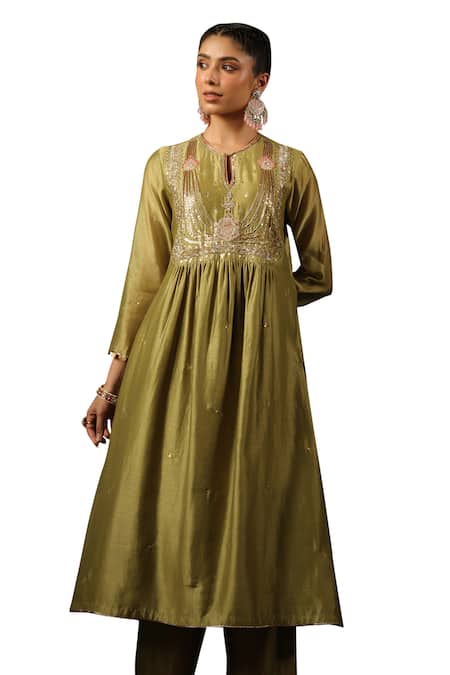 Shop Label Niti Bothra Green Chanderi Silk Sequins, Embroidery, Zari Zardozi Gathered Kurta Set Online at Aza Fashions Shop_Label Niti Bothra_Green Chanderi Silk Sequins, Embroidery, Zari Zardozi Gathered Kurta Set _Online_at_Aza_Fashions
